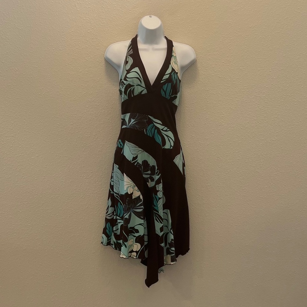 La Belle Tropical Brown and Teal Asymmetrical Halter Dress
